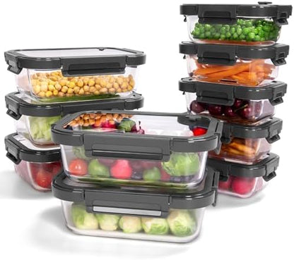 10-Pack Glass Food Storage Containers with Tempered Glass Lids – Borosilicate, Airtight, Oven-Safe (-4°F~950°F), BPA-Free, 4.4 & 1.6 Cup, Leak-Proof, Dishwasher Safe (Gray)