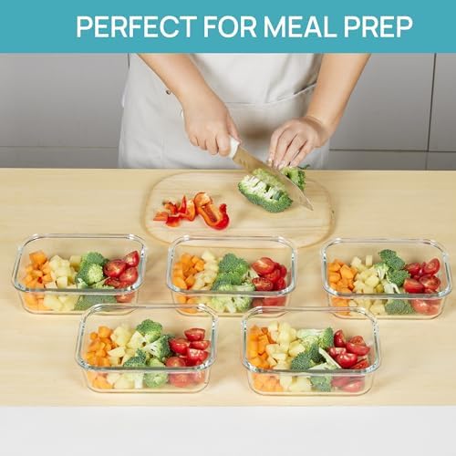 Vtopmart 5 Pack 35oz Glass Food Storage Containers with Lids, Blue