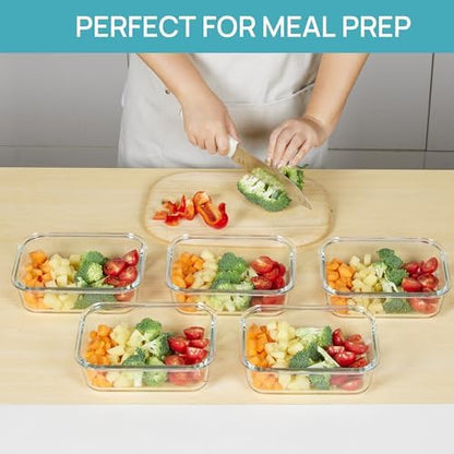 Vtopmart 5 Pack 35oz Glass Food Storage Containers with Lids, Blue