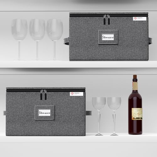 YearningHome 2 Pack Wine Glass Storage Box with Dividers,Stemware Storage Cases with Sturdy Handle and Hard Shell for Glassware Crystal Storage,Transport and Moving,Holds 24,Grey