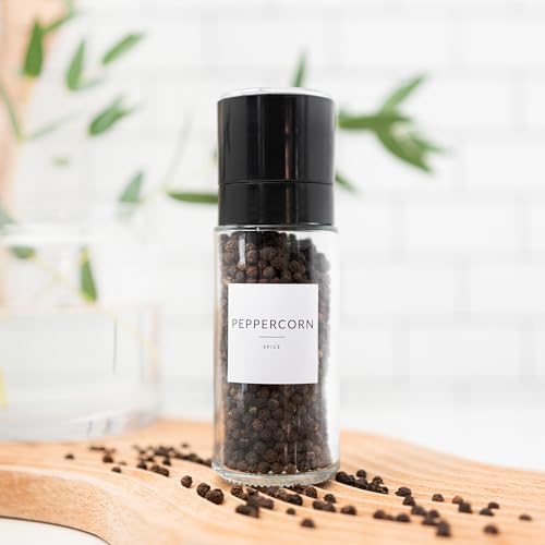 SAVVY & SORTED Glass Spice Jars with Label, 24PK Round Bamboo Jar Spices Set 4oz, 374 Spice Labels, Pepper Grinder, Empty Herb Seasoning Containers, Funnel and Shaker Lids