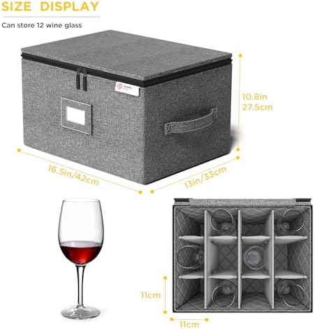 YearningHome 2 Pack Wine Glass Storage Box with Dividers,Stemware Storage Cases with Sturdy Handle and Hard Shell for Glassware Crystal Storage,Transport and Moving,Holds 24,Grey