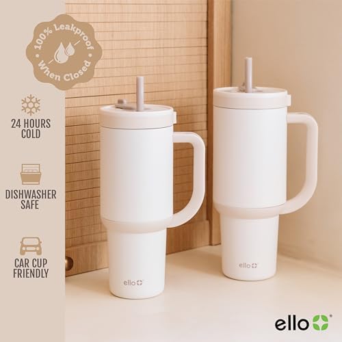 Ello Oasis 30oz Insulated Stainless Steel Tumbler with Straw, Cream Tonal