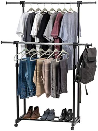 IRIS USA Portable Double-Rod Height Adjustable Clothes Rack with Extendable Bar and Lockable Wheels, Rolling Garment, Double Rod Wardrobe Rack, Easy Assemble, for Clothes, Belts, Shoes, and Bags