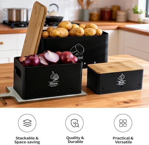 Potato Onion Garlic Storage Bin, Black, Set of 3