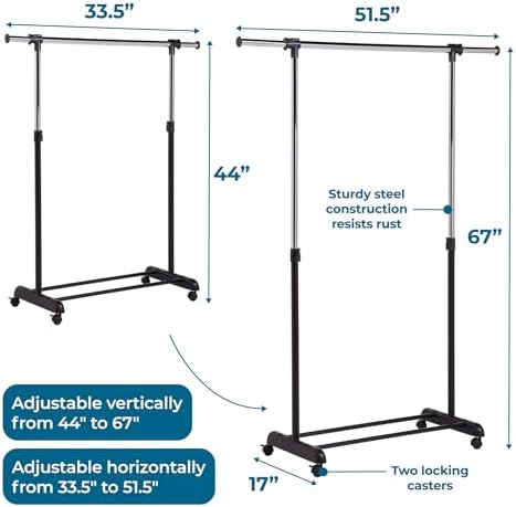 Honey-Can-Do Rolling Garment Rack with Adjustable Height and Width, Metal Clothes Rack, Heavy-Duty Organizer, Chrome