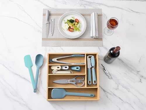 COOK WITH COLOR Bamboo Kitchen Utensil Set with Drawer Organizer | Cooking Tools and Storage Caddy, Blue, 18 Piece Gadget Set