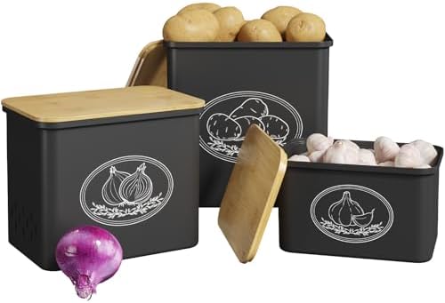 Lifewit Plastic Potato and Onion Storage Bin Box, Set of 3, Black