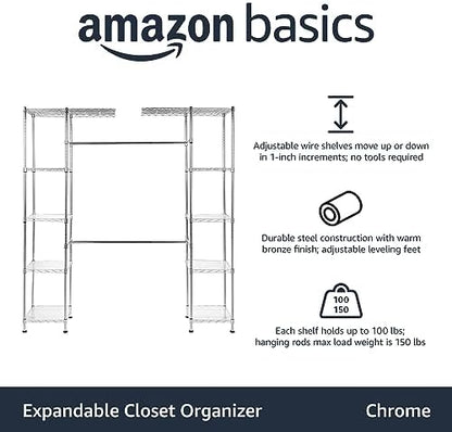 Amazon Basics Expandable Adjustable Metal Closet Organizer with Hanging Rod, Clothes Rack, Shelves, 57-80 x 14 x 72 inches (LxWxH), Chrome