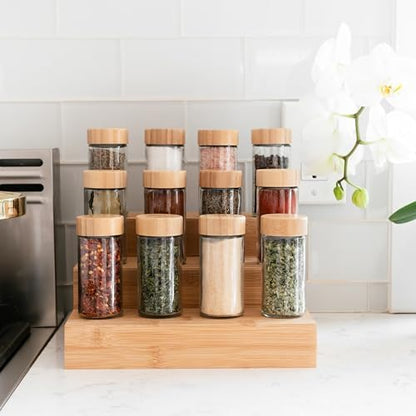SAVVY & SORTED Glass Spice Jars with Label, 24PK Round Bamboo Jar Spices Set 4oz, 374 Spice Labels, Pepper Grinder, Empty Herb Seasoning Containers, Funnel and Shaker Lids
