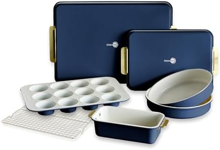 GreenPan Bakeware Set, 7 Piece Nonstick Ceramic Gold Handle Baking Sheets, Cake Pans, Loaf Pan, Muffin Tin, Cooling Rack, PFAS & BPA Free, Freezer to Oven Dish, Bake & Roast Ovenware, Oxford Blue