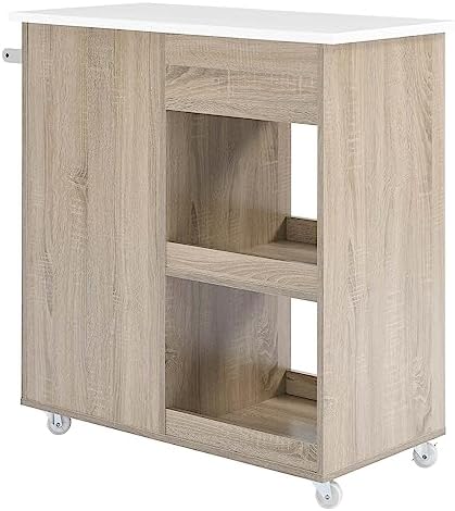 Modway Culinary Rolling Kitchen Cart with Storage in Oak White - 3 Tiers Kitchen Island on Wheels with Towel Bar, Functional as a Coffee Station, Bar Cabinet or Butcher Block Island