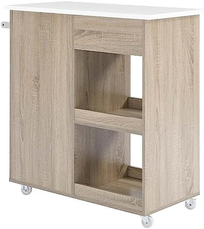 Modway Culinary Rolling Kitchen Cart with Storage in Oak White - 3 Tiers Kitchen Island on Wheels with Towel Bar, Functional as a Coffee Station, Bar Cabinet or Butcher Block Island