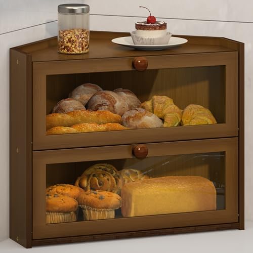 JANSNIMEN Corner Bread Box for Kitchen Countertop Bamboo Bread Holder Large