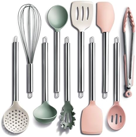 COOK WITH COLOR Silicone Cooking Utensils, Kitchen Utensil Set, Easy to Clean Silicone Kitchen Utensils, Cooking Utensils for Nonstick Cookware, Kitchen Gadgets Set, 10 Pieces, Mint