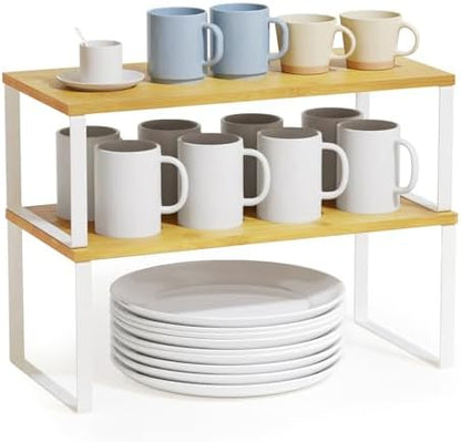 SpaceAid Cabinet Shelf Organizers 2 Pack, Kitchen Counter Rack Shelves Riser, Stackable Expandable Spice Rack, Pantry Cupboard Storage Organization (White and Natural, Long)