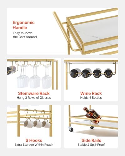 VEVOR Bar Cart, 3 Tiers Home Kitchen Serving Carts, Modern Rolling Utility Station on Wheels, Mobile Drink Beverage Trolley with Wooden Shelf, Wine Rack, and Glass Holder, 35.83x12.99x36.81 in, Gold