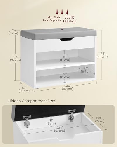 VASAGLE Storage Bench with Cushion, Shoe Bench, 11.8 x 23.6 x 17.3 Inches