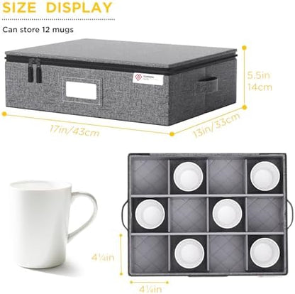 YearningHome Cup and Mug Storage Boxes with Dividers,Hard Shell Coffee Mug Organizer with Lid,Handles,Zips and Label Window for Coffee Mugs,Tea Cups,Packing and Moving,Hold 12,1 Pack, Grey