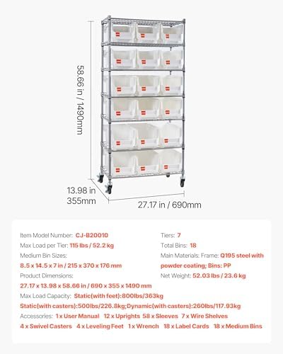 VEVOR 7-Tier Rolling Bin Storage Rack, 18 Organizer Bins, Bin Rack Storage Steel Wire Shelving System with Wheels, Mobile Tool Organizer for Garage, Warehouse, Office, Restaurant, Classroom, Kitchen