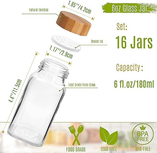 16 Pack 6 oz Glass Spice Jars with Bamboo Lids and Spice Labels