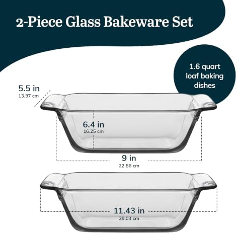 Libbey Baker’s Premium 2-Piece Glass Bread Loaf Pan Baking Dish Set, Space-Saving Glass Bakeware set for Bread, Loaf, and Pound Cakes