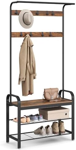 VASAGLE Coat Rack, Hall Tree with Shoe Bench, 4-in-1, 9 Removable Hooks