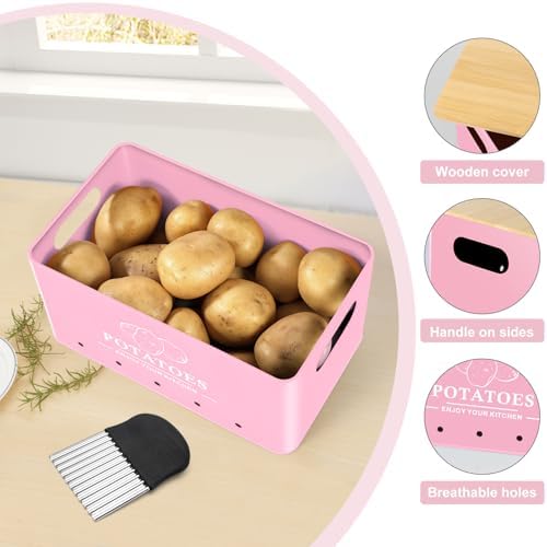 Kitchen Vegetable Storage Set of 3, Metal Onion Garlic Potato Storage Set, Kitchen Canisters Vegetable Keeper Containers with Aerating Holes and Bamboo Lid,Pink