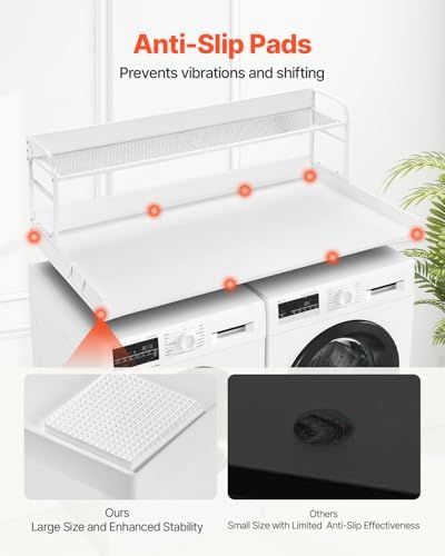 VEVOR Washer Dryer Countertop with 2-Tier Shelf, 54" x 27" Wooden Washer and Dryer Countertop with Anti-Slip Pads, Water-Resistant Laundry Topper Cover for Laundry Room Organization and Storage, White