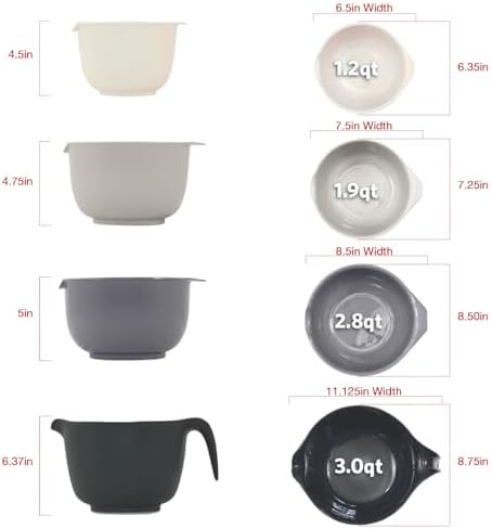Glad Mixing Bowls with Pour Spout, Set of 4 - Nesting Plastic Bowls (1.2qt, 1.9qt, 2.8qt, and 3qt with Handle) - Non Slip Base, Dishwasher Safe Kitchen Cooking and Baking Supplies, Grey