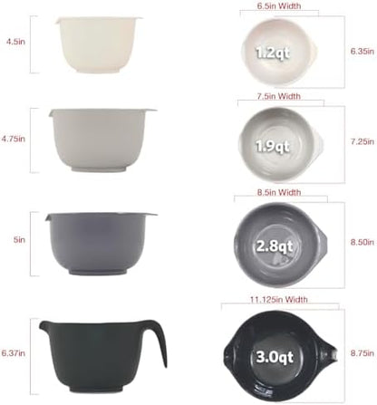 Glad Mixing Bowls with Pour Spout, Set of 4 - Nesting Plastic Bowls (1.2qt, 1.9qt, 2.8qt, and 3qt with Handle) - Non Slip Base, Dishwasher Safe Kitchen Cooking and Baking Supplies, Grey