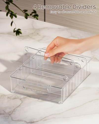 LYNG Lid Organizers Inside Cabinet, Clear Plastic Storage Lid Organizer With 4 Adjustable Dividers, Food Container Lid Organizer For Kitchen Pantry