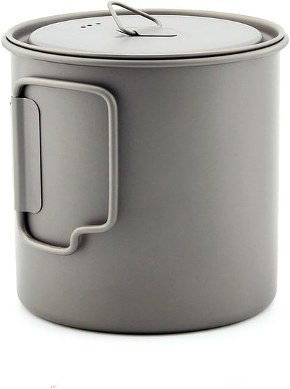 Titanium Camping Mug 750 ml / 25 oz Single-Wall Pot with Lid, Ultralight Backpacking Cup, Folding Handles, Boil Water & Cook Meals for Hiking, Bushcraft, Outdoor Survival