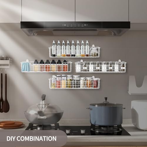 Spice Rack Wall Mount, 4-Pack Seasoning Organizer for Kitchen Storage Organization, Spice Holder Shelf Saving Space for Cabinet, RV, Pantry, Silver