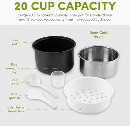Aroma Housewares ARC-1120SBL SmartCarb Cool-Touch Stainless Steel Rice Multicooker Food Steamer, Slow Cooker with Non-Stick Inner Pot and Steam Tray, 20-Cup(cooked)/ 5Qt, Black