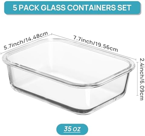 Vtopmart 5 Pack 35oz Glass Food Storage Containers with Lids, Blue