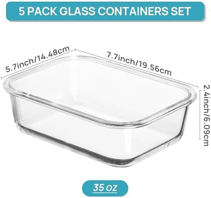 Vtopmart 5 Pack 35oz Glass Food Storage Containers with Lids, Blue