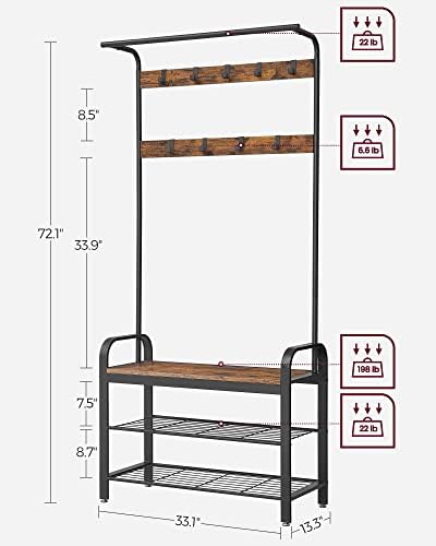VASAGLE Coat Rack, Hall Tree with Shoe Bench, 4-in-1, 9 Removable Hooks