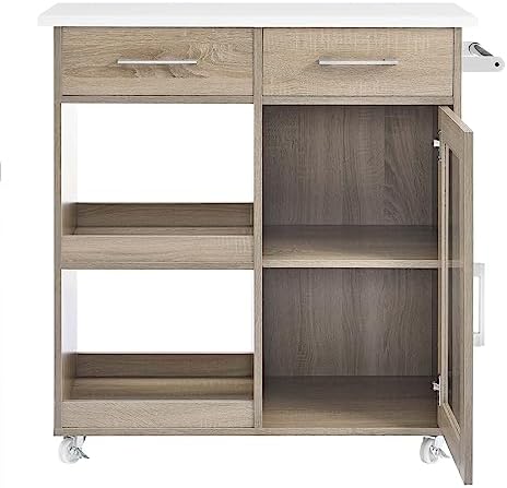 Modway Culinary Rolling Kitchen Cart with Storage in Oak White - 3 Tiers Kitchen Island on Wheels with Towel Bar, Functional as a Coffee Station, Bar Cabinet or Butcher Block Island