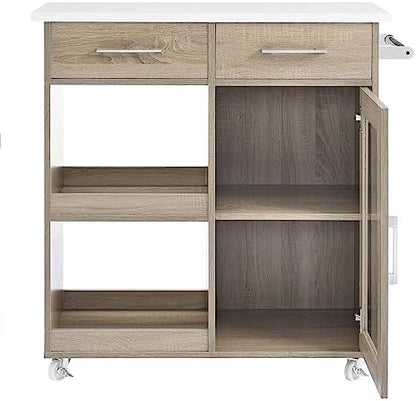 Modway Culinary Rolling Kitchen Cart with Storage in Oak White - 3 Tiers Kitchen Island on Wheels with Towel Bar, Functional as a Coffee Station, Bar Cabinet or Butcher Block Island