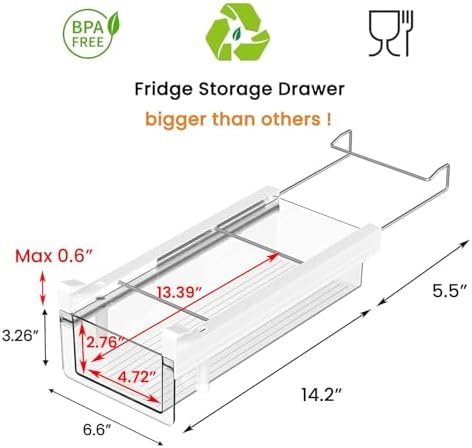 vacane Fridge Organizer Drawer, Clear Plastic Fridge Organizer Bins, Add on Refrigerator Drawer,Fridge Storage Container Under Shelf Holder for Fruit, Vegetable, Meat, Cheese, Easy to Install-M