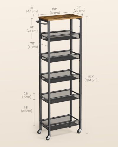 VASAGLE 6-Tier Slim Rolling Storage cart with Wheels, Metal