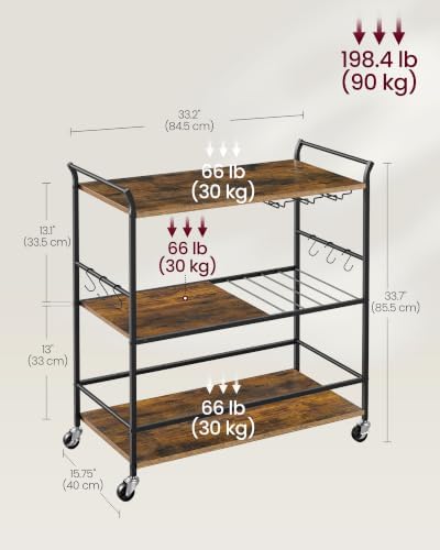 VASAGLE Bar Cart with Wheels, Drink Cart with Wine Rack and Glass Holder