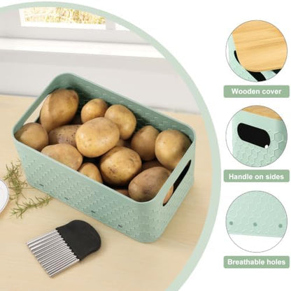 Kitchen Vegetable Storage Set of 3, Metal Onion Garlic Potato Storage Set, Kitchen Canisters Vegetable Keeper Containers with Aerating Holes and Bamboo Lid,Embossed Saga Green