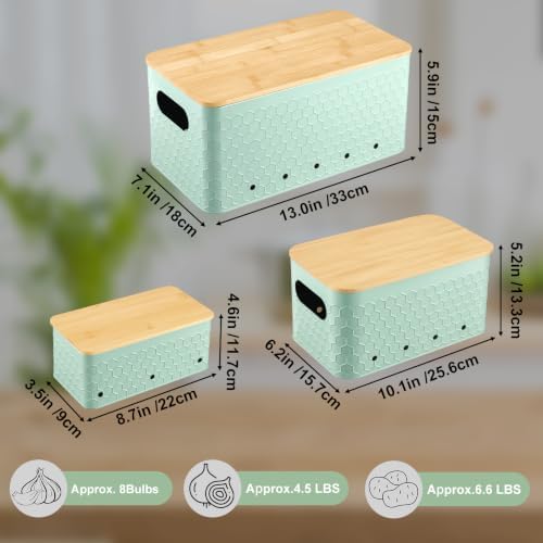 Kitchen Vegetable Storage Set of 3, Metal Onion Garlic Potato Storage Set, Kitchen Canisters Vegetable Keeper Containers with Aerating Holes and Bamboo Lid,Embossed Saga Green