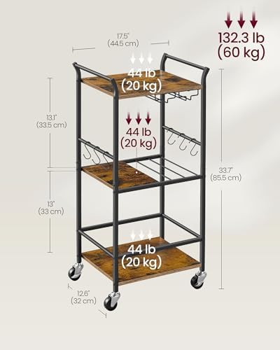 VASAGLE Bar Cart with Wheels, Drink Cart with Wine Rack and Glass Holder