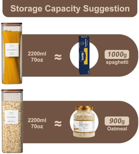 3Pack Square Glass Pasta Storage Containers Walnut Wood Lid 70oz+132 Labels