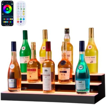 VEVOR LED Lighted Liquor Bottle Display, 3 Tiers 24 Inches, Supports USB, Illuminated Home Bar Shelf with RF Remote & App Control 7 Static Colors 1-4 H Timing, Acrylic Lighted Shelf for 18 Bottles