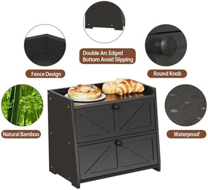Trironsun Vintage Double Layer Bread Box for Kitchen Counter Bamboo Bread Storage Container Large Capacity Bread Storage Bin (Black)
