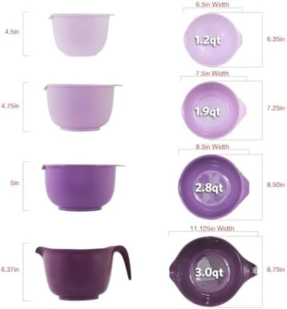 Glad Mixing Bowls with Pour Spout, Set of 4 - Nesting Plastic Bowls (1.2qt, 1.9qt, 2.8qt, and 3qt with Handle) - Non Slip Base, Dishwasher Safe Kitchen Cooking and Baking Supplies, Purple